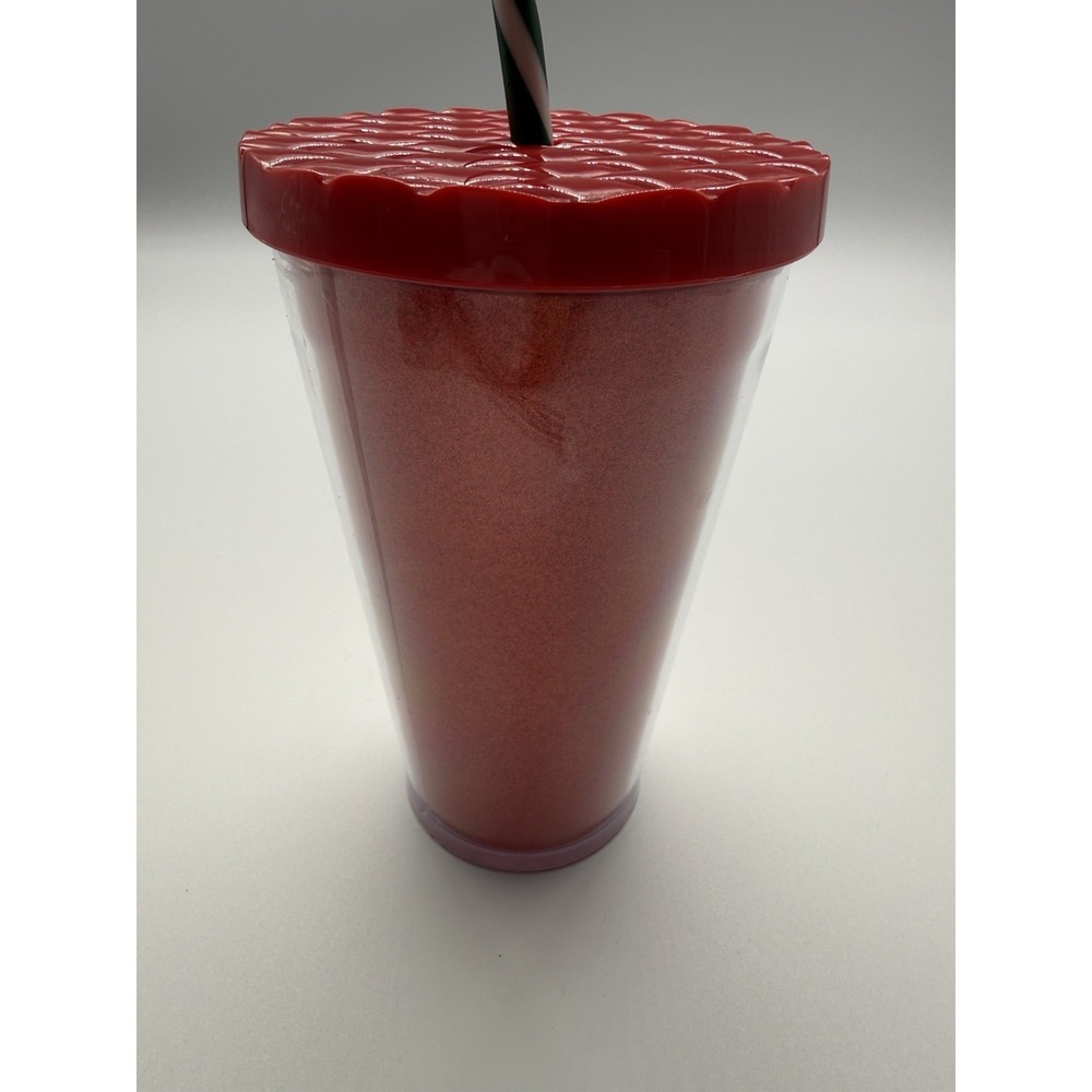 Starbucks Red Glitter Christmas Tumbler BPA free Green Stripe Straw 16 oz - Picture 10 of 11